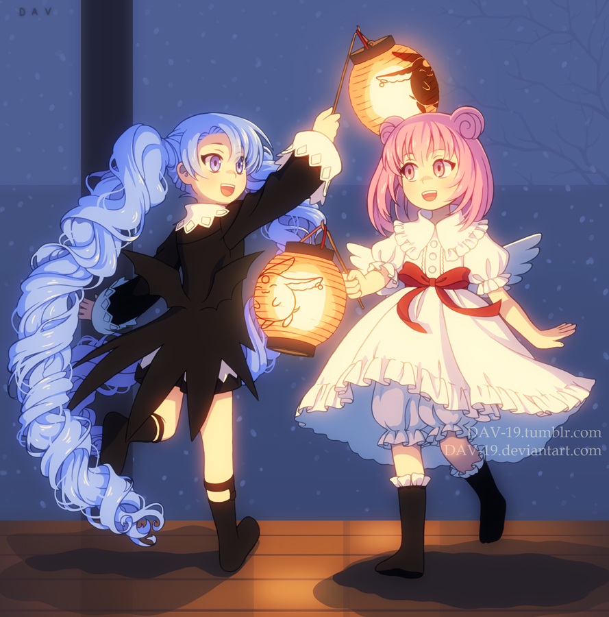 2girls :d angel_wings aqua_eyes aqua_hair bat_wings black_dress blue_background curly_hair dav-19 double_bun dress eye_contact full_body hair_bun happy indoors long_hair long_sleeves looking_at_another looking_away maru_(xxxholic) medium_hair mokona moro_(xxxholic) multiple_girls open_mouth pink_eyes pink_hair red_ribbon ribbon shadow short_sleeves signature smile standing twintails very_long_hair watermark web_address white_dress wings wooden_floor xxxholic
