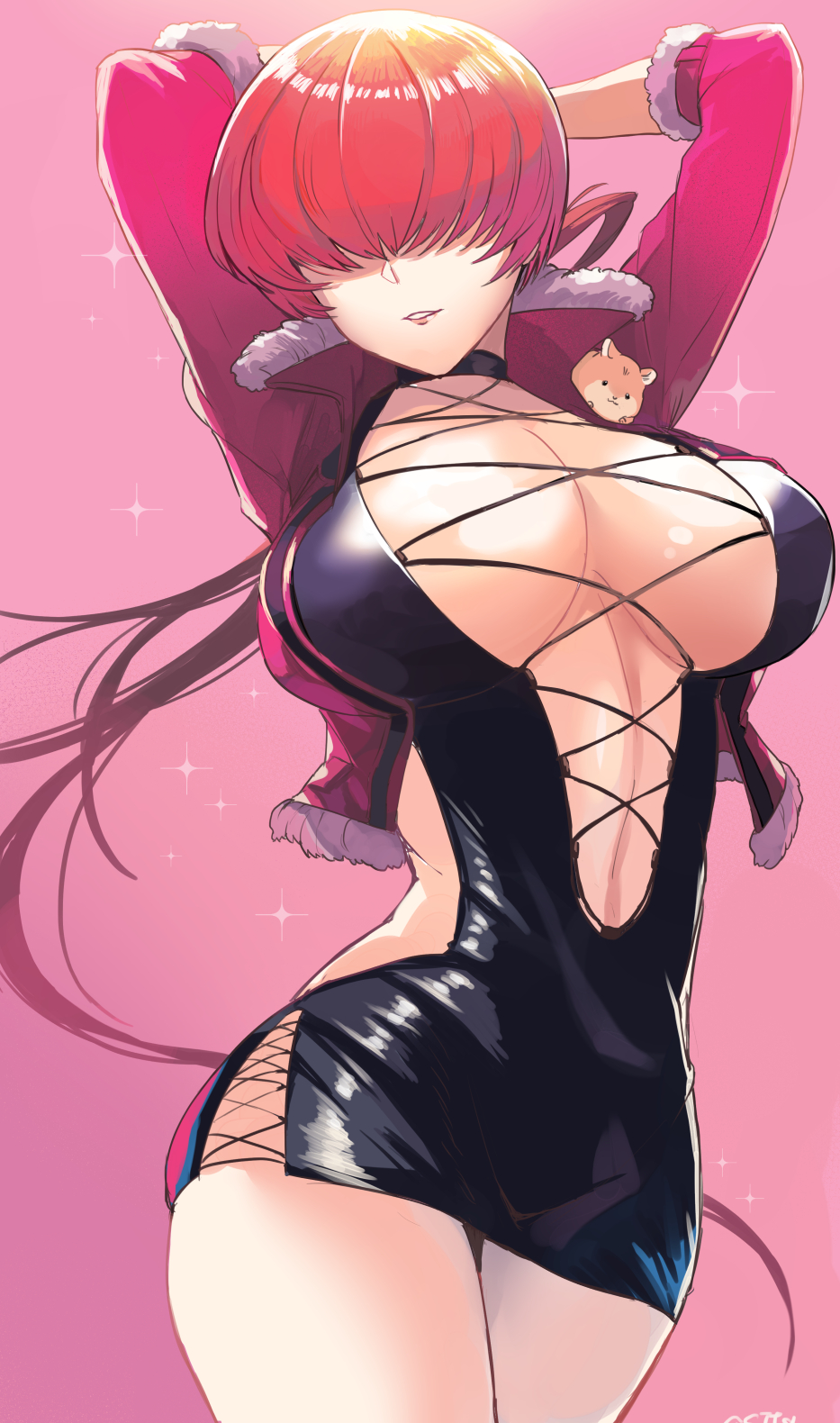 1girl arms_behind_head arms_up ashita_(2010) black_dress breasts center_opening cleavage cleavage_cutout clothing_cutout collarbone covered_eyes cowboy_shot cropped_jacket cross-laced_clothes dress hair_over_eyes highres jacket large_breasts long_hair long_sleeves navel open_clothes open_jacket parted_lips pencil_dress ponytail red_hair red_jacket shermie_(kof) short_dress smile snk solo sparkle the_king_of_fighters the_king_of_fighters_xv thick_thighs thighs