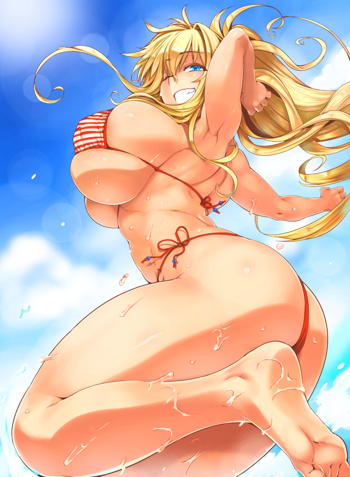 1girl armpits arms_up ass barefoot bikini blonde_hair blue_eyes breasts commentary_request curvy female_focus grin huge_breasts leg_lift long_hair looking_at_viewer looking_down midair one_eye_closed original raised_eyebrows red_bikini side-tie_bikini_bottom sideboob skindentation smile soles solo striped_bikini striped_clothes swimsuit tabigarasu_(mahjong_yuugen_gaisha_58) thick_thighs thighs water