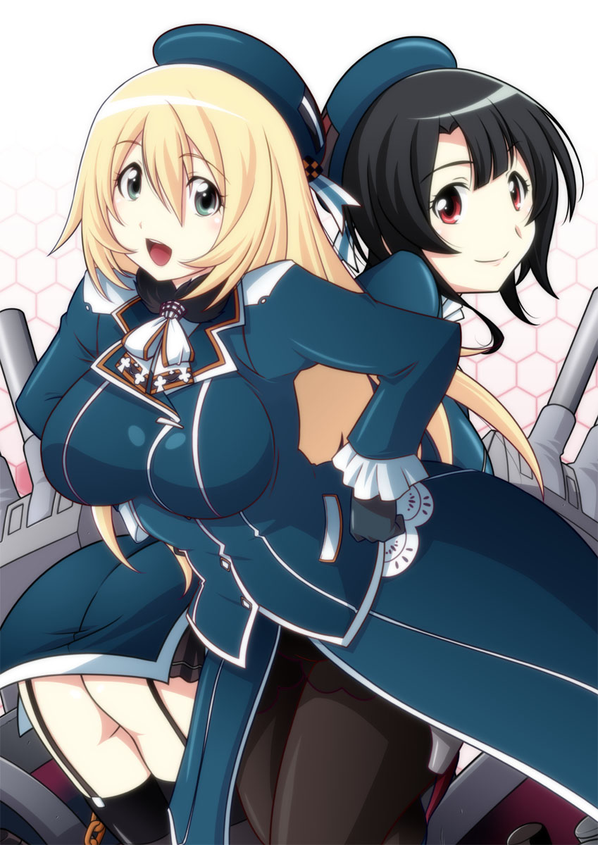 10s 2girls ass atago_(kancolle) beret black_gloves black_hair black_legwear blonde_hair blouse breasts cannon gloves green_eyes hands_on_own_hips harada_shoutarou hat highres jacket kantai_collection large_breasts long_hair looking_at_viewer looking_back military military_uniform multiple_girls open_mouth pantyhose red_eyes ship_turret shirt short_hair skirt smile standing takao_(kancolle) thighhighs tongue