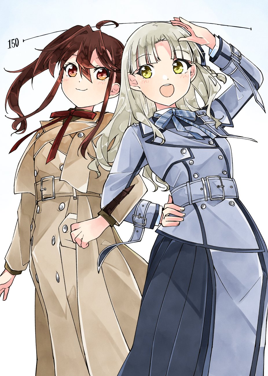 22/7 2girls :d arm_up belt belt_buckle bow braid brown_belt brown_dress brown_eyes brown_hair buckle buttons closed_mouth collared_shirt cowboy_shot diagonal-striped_ribbon double-breasted dress grey_belt grey_dress grey_hair hair_bow hand_on_own_hip high_side_ponytail highres kakusei kamisama_datte_kimerarenai locked_arms long_hair long_sleeves looking_to_the_side multiple_girls nagamine_kaede neck_ribbon open_mouth parted_bangs red_ribbon ribbon shirt side_braid sidelocks single_braid smile standing teeth toda_jun trefle_r upper_teeth_only white_background white_shirt