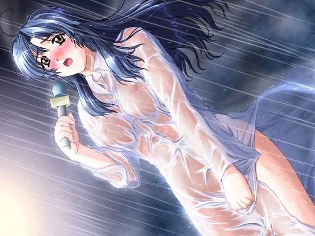 13cm 1girl andou_tomoya blue_hair blush breasts dutch_angle female_focus game_cg kasugano_rie microphone nipples no_bra no_panties rain see-through_clothes solo source_request urabangumi_bijin_joushi_ana_yokubou_namachuukei wet wet_clothes wind