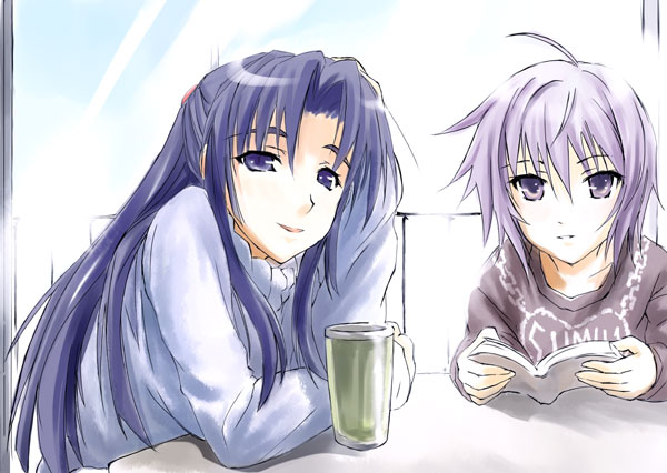 00s 2girls asakura_ryoko bad_id bad_pixiv_id blue_eyes blue_hair book casual funeral_(artist) light_purple_hair long_hair multiple_girls nagato_yuki short_hair sumisi suzumiya_haruhi_no_yuuutsu