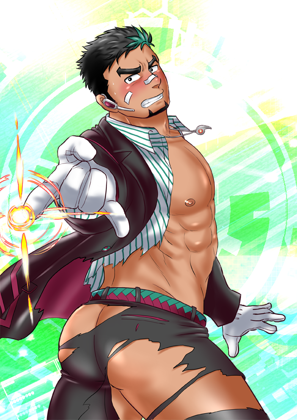1boy abs ass bandaid bandaid_on_face bandaid_on_nose bara bare_pectorals black_hair cowboy_shot dark-skinned_male dark_skin facial_hair formal_clothes from_behind goatee green_hair incoming_attack jewelry kyoichi_(active_agent)_(live_a_hero) kyoichi_(live_a_hero) large_pectorals live_a_hero magatama magatama_necklace male_focus muscular muscular_male necklace nipples no_male_underwear official_alternate_costume pants partially_unbuttoned pectorals pikako182 shiny_skin shirt short_hair sideburns skindentation solo thick_thighs thighs tight_clothes tight_pants torn_clothes torn_pants torn_shirt