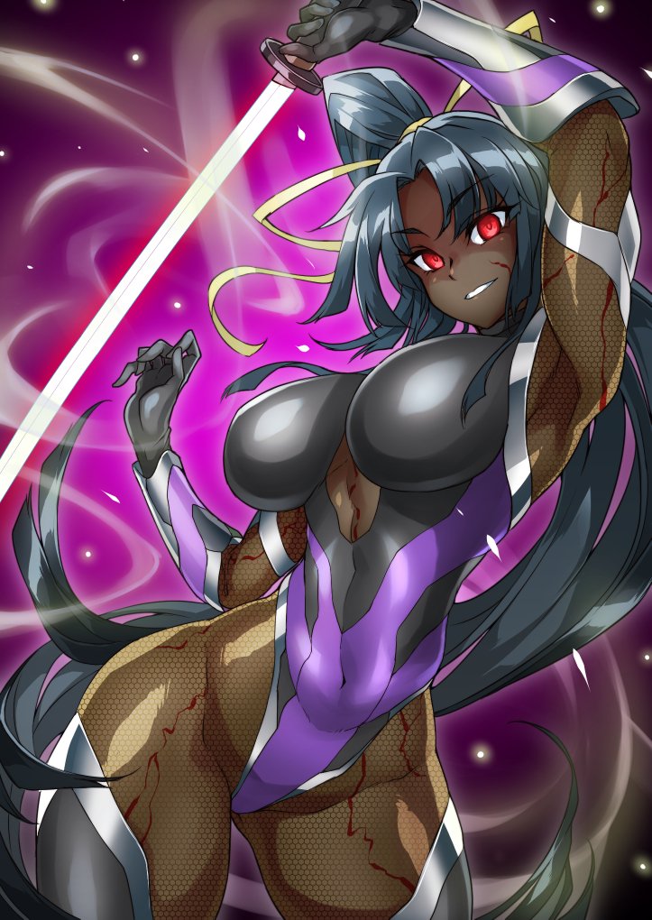 1girl alternate_eye_color black_hair bodystocking bodysuit breasts corruption covered_navel dark-skinned_female dark_persona dark_skin fate/grand_order fate_(series) fishnet_bodystocking fishnets impossible_bodysuit impossible_clothes impossible_leotard izuna_nie leotard looking_at_viewer medium_breasts red_eyes side_ponytail skin_tight smile solo taimanin_(series) taimanin_suit thighhighs thighs ushiwakamaru_(corrupted)_(fate) ushiwakamaru_(fate)