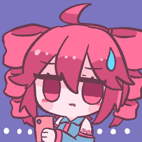 ... 1girl ahoge bare_shoulders blue_background cellphone chibi chibi_only comedic_sweatdrop commentary detached_sleeves drill_hair grey_shirt grey_sleeves hair_between_eyes hand_up holding holding_phone hyouenn kasane_teto kasane_teto_(utau) long_sleeves looking_at_viewer parted_lips phone red_eyes red_hair shirt simple_background smartphone solo sweatdrop symbol-only_commentary twin_drills utau