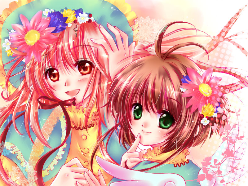00s 1990s_(style) 2girls adjusting_hair blush brown_hair cardcaptor_sakura child crossover female_focus finger_to_mouth flower green_eyes hair_flower hair_ornament hanato_kobato hat kinomoto_sakura kobato. multiple_girls open_mouth plant red_eyes red_hair retro_artstyle ribbon smile upper_body wings yuuki_sara