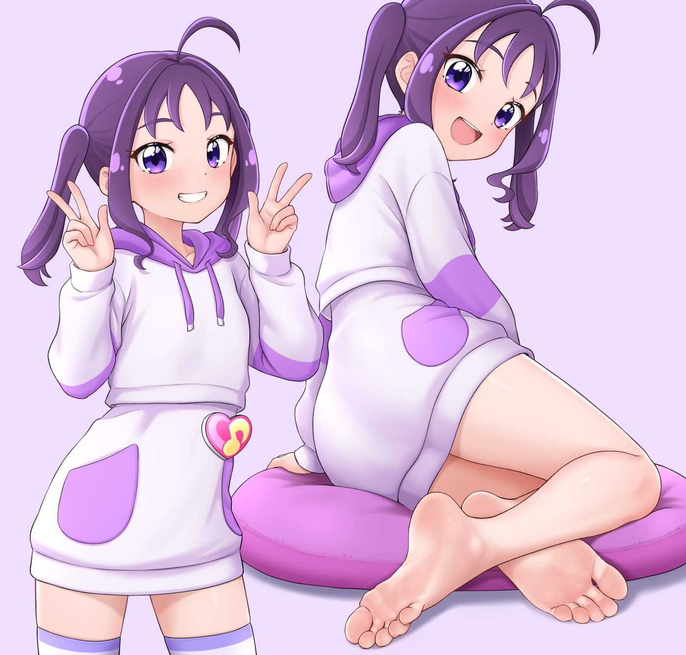 1girl ahoge barefoot blush commentary cushion double_v feet hair_intakes highres hinosaki hood hoodie kimi_to_idol_precure long_sleeves medium_hair multiple_views open_mouth paid_reward_available precure purple_eyes purple_hair purple_hoodie purple_skirt purple_thighhighs shigure_kokoro skirt smile soles solo thighhighs toes twintails v