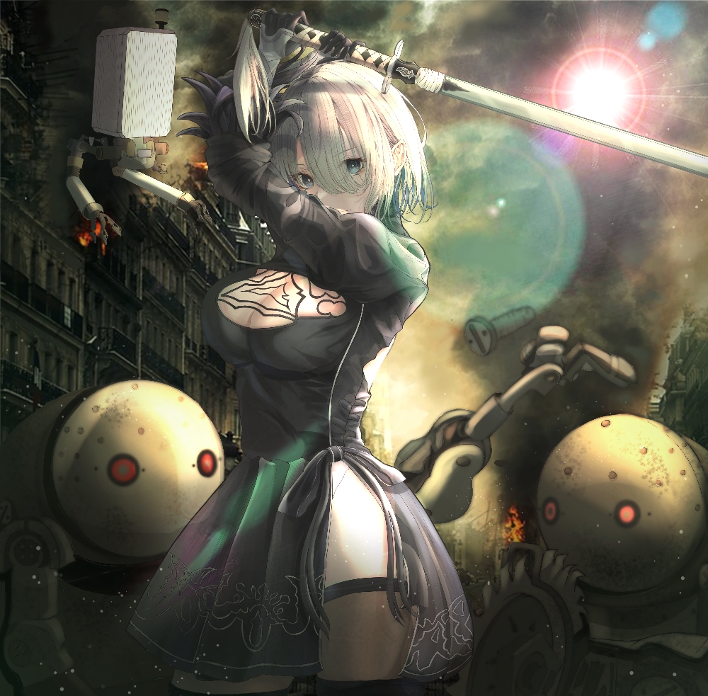 1girl 2b_(nier:automata) arms_up black_dress black_gloves black_thighhighs blue_eyes boots breasts building cleavage cleavage_cutout clothing_cutout dark_sky dress dust feather-trimmed_sleeves gloves grey_hair holding holding_sword holding_weapon juliet_sleeves katana large_breasts long_bangs long_sleeves looking_at_viewer machine_(nier) nier:automata nier_(series) pod_(nier:automata) puffy_sleeves ruins short_hair side_slit sky sun sword thigh_boots thighhighs weapon xia_0328 yellow_sky