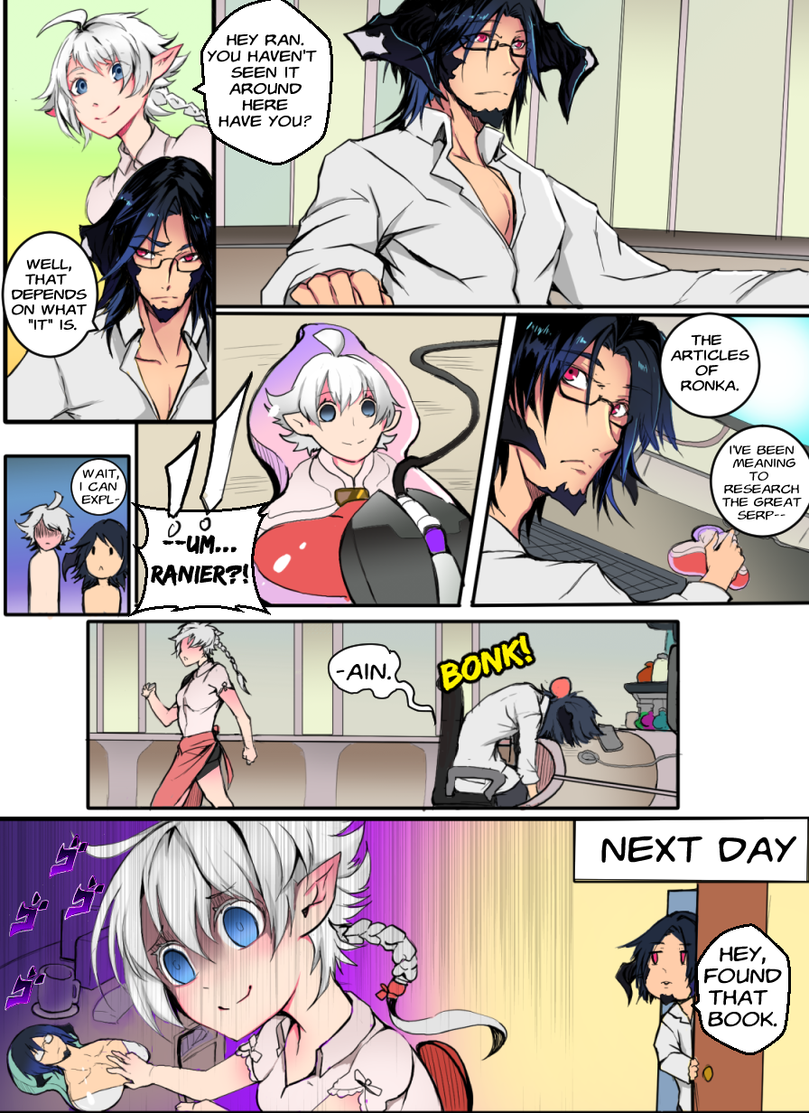 1boy 1girl alisaie_leveilleur au_ra black_hair blue_eyes comic final_fantasy final_fantasy_xiv glasses highres horns oppai_mousepad ranier_layarte red_eyes red_ribbon ribbon white_hair xaela