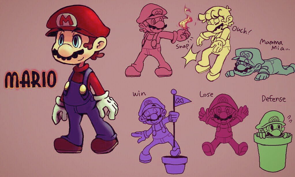 1boy alex_ahad_(style) brown_hair facial_hair fire flag gloves hat male_focus mario mario_(series) mustache nintendo overalls parody smoking_pipe skullgirls smile solo style_parody super_mario_bros._1