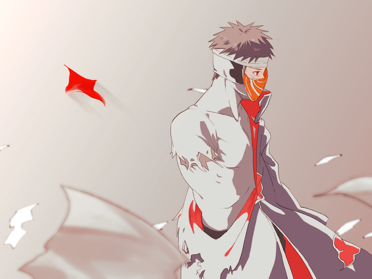 1boy akatsuki_(naruto) akatsuki_uniform amputee black_hair broken_mask male_focus mask masked_madara naruto_(series) naruto_shippuuden obobkkp paper sharingan short_hair tobi_(naruto) uchiha_obito