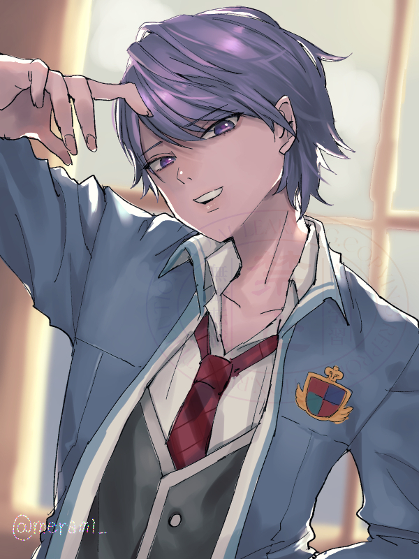 1boy asfeld_academy_school_uniform blue_jacket blurry blurry_background collarbone commentary_request dragon_quest dragon_quest_x grey_vest head_tilt jacket looking_at_viewer male_focus merami multicolored_hair necktie open_mouth pink_eyes pink_hair plaid_clothes plaid_necktie purple_eyes purple_hair red_necktie risoru_(dq10) school_uniform shirt short_hair smile solo teeth twitter_username upper_body vest white_shirt window