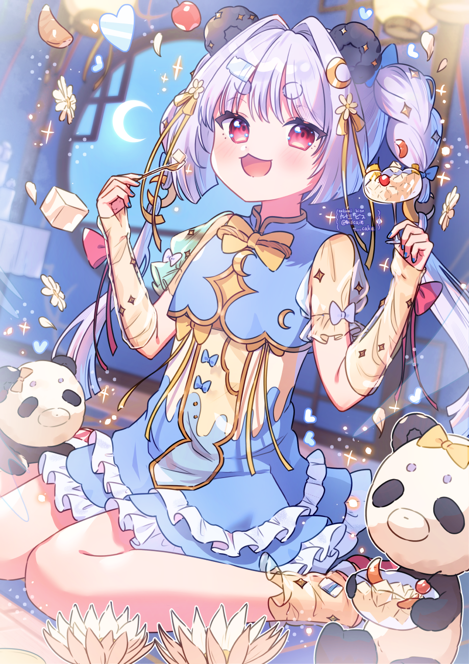 1girl :3 :d animal_ears arm_warmers artist_name blue_dress blush bow bowtie braid cherry commentary cup dress drinking_glass food frilled_dress frills fruit highres holding holding_cup holding_spoon long_hair looking_at_viewer open_mouth original panda panda_ears purple_hair red_eyes red_shoes see-through_clothes see-through_sleeves shoes short_sleeves sitting smile socks solo spoon sugar_cube symbol-only_commentary thick_eyebrows tsukumi_bis twin_braids twitter_username wariza yellow_bow yellow_bowtie yellow_socks