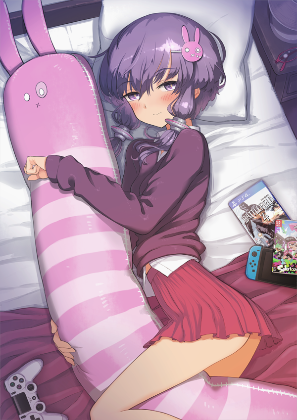 1girl alternate_costume battlefield_(series) battlefield_4 blush closed_mouth commentary_request controller dakimakura_(object) dualshock feet_out_of_frame from_above from_side game_controller gamepad gloves hair_ornament half-closed_eyes head_on_pillow high-waist_skirt long_sleeves looking_at_viewer looking_to_the_side looking_up microskirt nightstand nintendo nintendo_switch on_bed pillow playstation_controller pleated_skirt purple_eyes purple_hair purple_sweater rabbit_hair_ornament red_skirt samaru_(seiga) shirt skirt solo splatoon_(series) splatoon_2 sweater unworn_gloves video_game vocaloid voiceroid white_shirt yuzuki_yukari