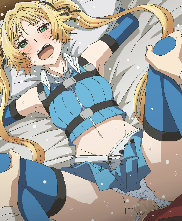 angelica_diarmuit bed blonde_hair blush clothed_sex clothing_aside green_eyes head_on_pillow midriff navel open_mouth panties panties_aside pillow sex shinmai_ossan_bokensha spread_legs thighhighs tomu_(tomubobu) twintails underwear white_panties