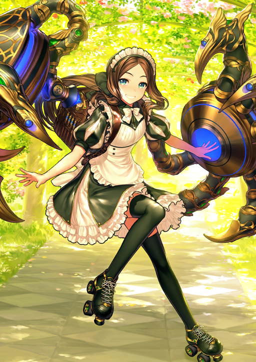 1girl apron backpack bag black_bow black_dress black_shoes black_thighhighs blue_eyes bow bowtie breasts brown_bag dress fate/grand_order fate_(series) frilled_dress frills full_body game_cg green_background grin hair_bow leg_up leonardo_da_vinci_(fate) leonardo_da_vinci_(fate/grand_order) leonardo_da_vinci_(rider)_(fate) leonardo_da_vinci_(rider)_(second_ascension)_(fate) long_hair looking_at_viewer low_ponytail maid maid_headdress mechanical_arms official_art outstretched_arms parted_bangs ponytail puff_and_slash_sleeves puffy_short_sleeves puffy_sleeves roller_skates shoelaces shoes short_dress short_sleeves sidelocks simosi skates small_breasts smile solo standing standing_on_one_leg teeth thighhighs third-party_source two-tone_dress variant_set waist_apron white_apron white_bow white_bowtie wing_collar