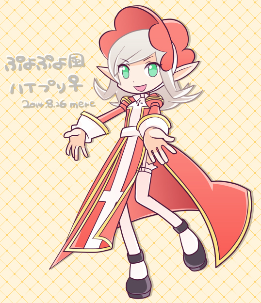 1girl black_shoes bonnet commentary_request dated dress full_body garter_straps green_eyes grey_hair grid_background high_priest_(ragnarok_online) juliet_sleeves long_hair long_sleeves looking_at_viewer mere_(enya) open_mouth parody pointy_ears puffy_sleeves puyopuyo ragnarok_online reaching reaching_towards_viewer red_bonnet red_dress sash shoes smile solo standing standing_on_one_leg style_parody thighhighs translation_request two-tone_dress white_dress white_sash white_thighhighs yellow_background