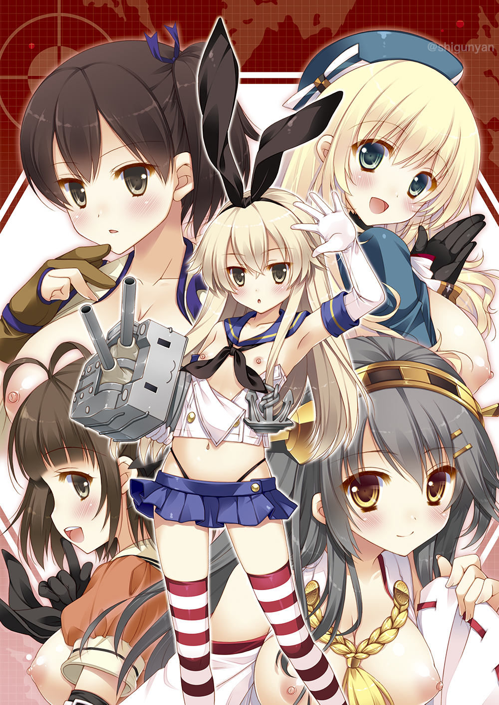 5girls :d anchor anchor_hair_ornament antenna_hair atago_(kancolle) bare_shoulders black_gloves black_hair black_panties blonde_hair blush breasts breasts_out brown_eyes brown_hair commentary_request crop_top detached_sleeves double_bun elbow_gloves flat_chest gloves green_eyes hair_bun hair_ornament hair_ribbon hair_tubes hairband haruna_(kancolle) hat highleg highleg_panties highres japanese_clothes kaga_(kancolle) kantai_collection large_breasts long_hair looking_at_viewer microskirt midriff military military_uniform multiple_girls muneate naka_(kancolle) navel nipples nontraditional_miko open_mouth panties partially_fingerless_gloves partly_fingerless_gloves rensouhou-chan ribbon school_uniform serafuku shigunyan shimakaze_(kancolle) short_hair side_ponytail skirt smile striped_clothes striped_legwear striped_thighhighs thighhighs twitter_username underwear white_gloves yugake zettai_ryouiki