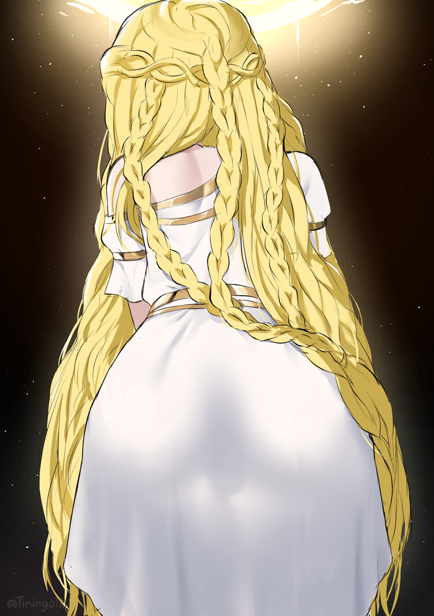 1boy ass blonde_hair dress elden_ring from_behind long_hair miquella_(elden_ring) see-through_clothes testicles tiningot196 trap very_long_hair white_dress