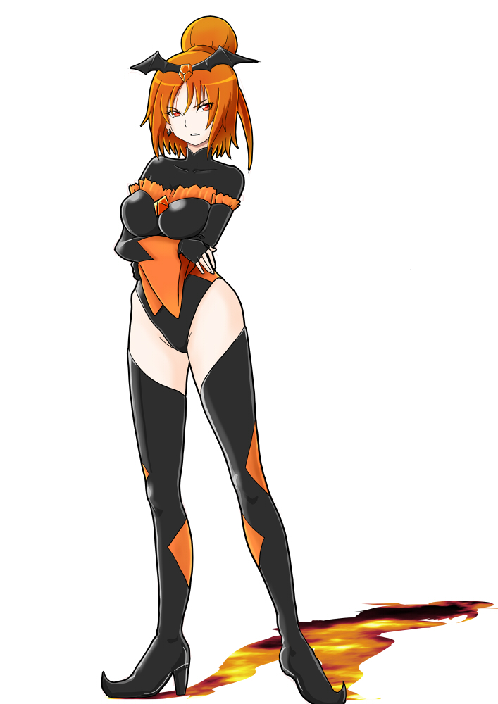 10s 1girl alternate_costume annoyed bad_end_precure bad_end_sunny bakusai black_gloves black_thighhighs bodysuit boots breasts cleavage crossed_arms dark_persona diamond_(shape) earrings female_focus fingerless_gloves gloves hair_bun hair_ornament half_updo high_heels jewelry large_breasts looking_at_viewer magical_girl matching_hair/eyes orange_eyes orange_hair precure shadow short_hair single_hair_bun smile_precure! solo standing thigh_boots thighhighs thighs wings