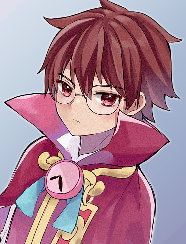 1boy blue_background blue_ribbon brown_hair cape clock closed_mouth frown hair_between_eyes high_collar kashima_miyako klug_(puyopuyo) looking_at_viewer male_focus purple_vest puyopuyo puyopuyo_fever red_cape red_eyes ribbon short_hair solo strange_klug upper_body vest