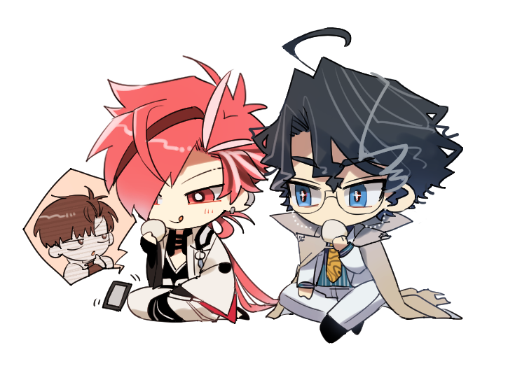 3boys :q black_hair black_kimono blue_eyes blue_shirt cellphone chibi closed_mouth coat coat_on_shoulders commentary_request earclip earrings eating eyewear_strap fate/grand_order fate_(series) food food_request glasses grey_coat grey_hair hair_between_eyes hair_over_one_eye hakama hand_up holding holding_food jacket japanese_clothes jewelry kimono licking_lips long_hair long_sleeves low_ponytail male_focus multicolored_hair multiple_boys nagatekkou necktie one_eye_covered open_clothes open_jacket pants parted_bangs phone pink_hair ponytail print_necktie red_eyes red_hair shirt short_hair simple_background sitting smartphone smile speech_bubble spoken_character streaked_hair striped_clothes striped_shirt takasugi_shinsaku_(fate) takasugi_shinsaku_(first_ascension)_(fate) tongue tongue_out v-shaped_eyebrows vertical-striped_clothes vertical-striped_shirt very_long_hair white_background white_hakama white_jacket white_pants wide_sleeves yellow_necktie yoshida_shouin_(fate) yuu_(areruya)