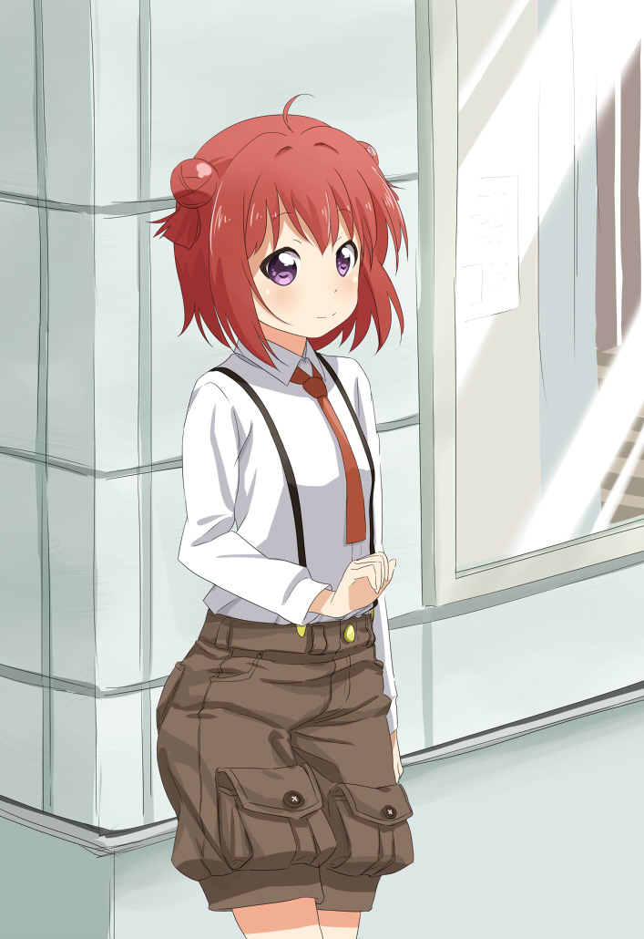 1girl ahoge akaza_akari double_bun female_focus hair_bun hair_intakes necktie purple_eyes red_hair shikou_sakugo_(qqap9gt9k) shikousakugo shorts solo square-end_necktie suspenders yuruyuri