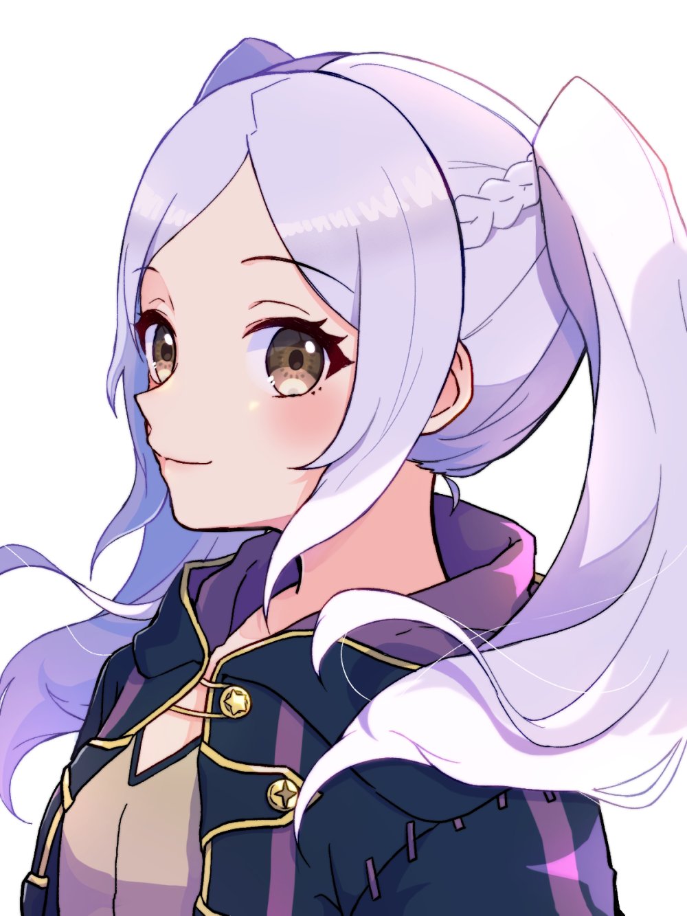 1girl black_coat brown_eyes closed_mouth coat eyelashes female_robin_(fire_emblem) fire_emblem fire_emblem_awakening gogatsu_(yeaholiday) highres long_hair looking_at_viewer nintendo open_clothes open_coat parted_bangs smile solo twintails upper_body white_background