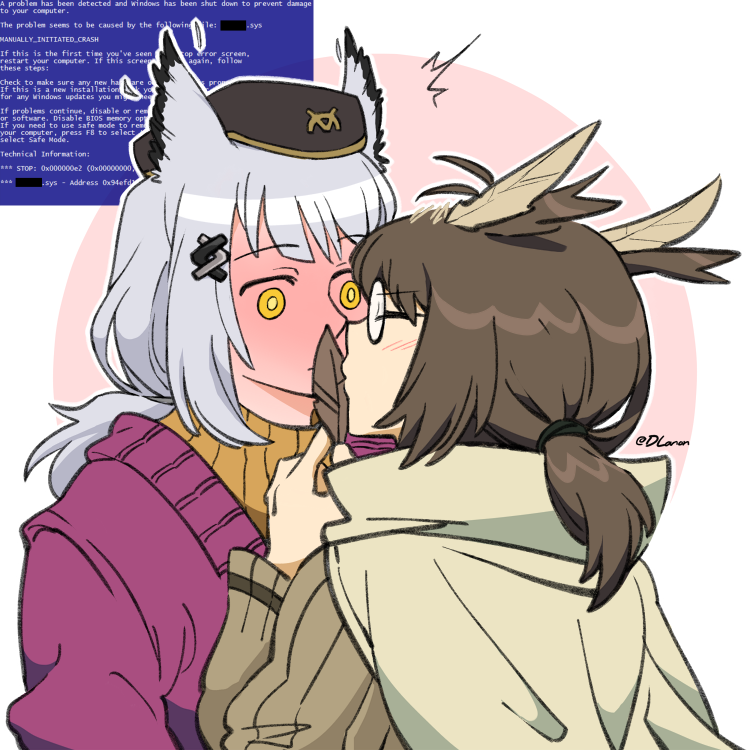 2girls arknights black_headwear blue_screen_of_death blush brown_cape brown_hair brown_sweater cape closed_eyes dlanon feathers full-face_blush glasses grey_hair hair_ornament hand_up holding holding_feather medium_hair multiple_girls orange_sweater owl_ears pink_background ponytail ptilopsis_(arknights) ptilopsis_(serenity)_(arknights) purple_sweater ribbed_sweater short_ponytail silence_(arknights) silence_(frosted_breath)_(arknights) simple_background sweater twitter_username two-tone_background white_background yellow_eyes yuri