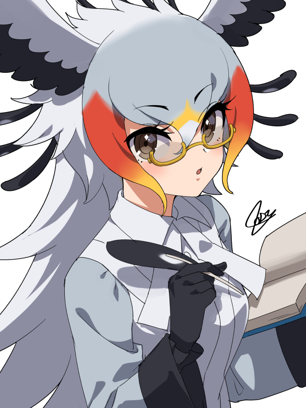 1girl bird_girl bird_wings black_gloves blonde_hair blush book brown_eyes collared_shirt gloves grey_hair hair_between_eyes hatagaya head_wings kemono_friends long_hair long_sleeves looking_at_viewer multicolored_hair orange_hair quill red_hair secretarybird_(kemono_friends) semi-rimless_eyewear shirt sidelocks solo white_shirt wings yellow-framed_eyewear