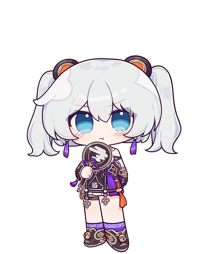 1girl blue_eyes chibi chinese_clothes closed_mouth earrings eta full_body hair_ornament hand_fan holding holding_fan honkai_(series) honkai_impact_3rd jewelry long_hair looking_at_viewer official_art pout purple_socks socks solo standing theresa_apocalypse third-party_source twintails v-shaped_eyebrows white_hair zhuge_kongming_(honkai_impact) zhuge_kongming_(startold_fortune)_(honkai_impact)