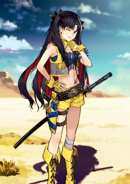 1girl ;d bandaged_leg bandages bandaid_on_stomach bandeau belt black_bow black_hair blue_bandeau blue_sky boots bow breasts brown_belt cloud collarbone colored_inner_hair cowgirl_(western) cropped_vest curtained_hair desert earrings fate/grand_order fate_(series) feet_out_of_frame fingerless_gloves fringe_trim game_cg gloves gold_earrings grin gun hair_bow hand_on_own_hip hand_on_own_shoulder hand_up holster holstered ishtar_(fate) jewelry katana lace-up_boots legs_apart long_hair looking_at_viewer morii_shizuki multicolored_hair navel official_art one_eye_closed open_clothes open_mouth open_vest red_eyes red_hair sheath sheathed short_shorts shorts single_bare_arm sky small_breasts smile solo space_ishtar_(fate) space_ishtar_(second_ascension)_(fate) standing stomach sword thigh_holster thigh_strap third-party_source three_quarter_view tiara two-tone_hair two_side_up very_long_hair vest weapon yellow_boots yellow_gloves yellow_shorts yellow_vest