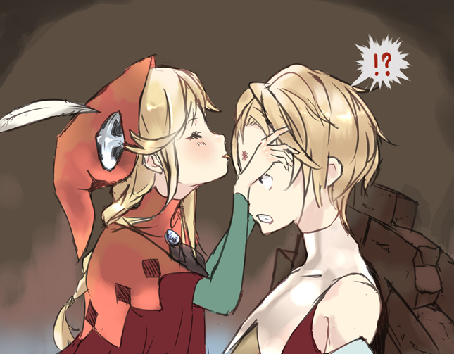1girl bare_shoulders blonde_hair blush braid cape ascot closed_eyes grand_knights_history hat injury licking lisha_stalake long_hair rikkukku tongue