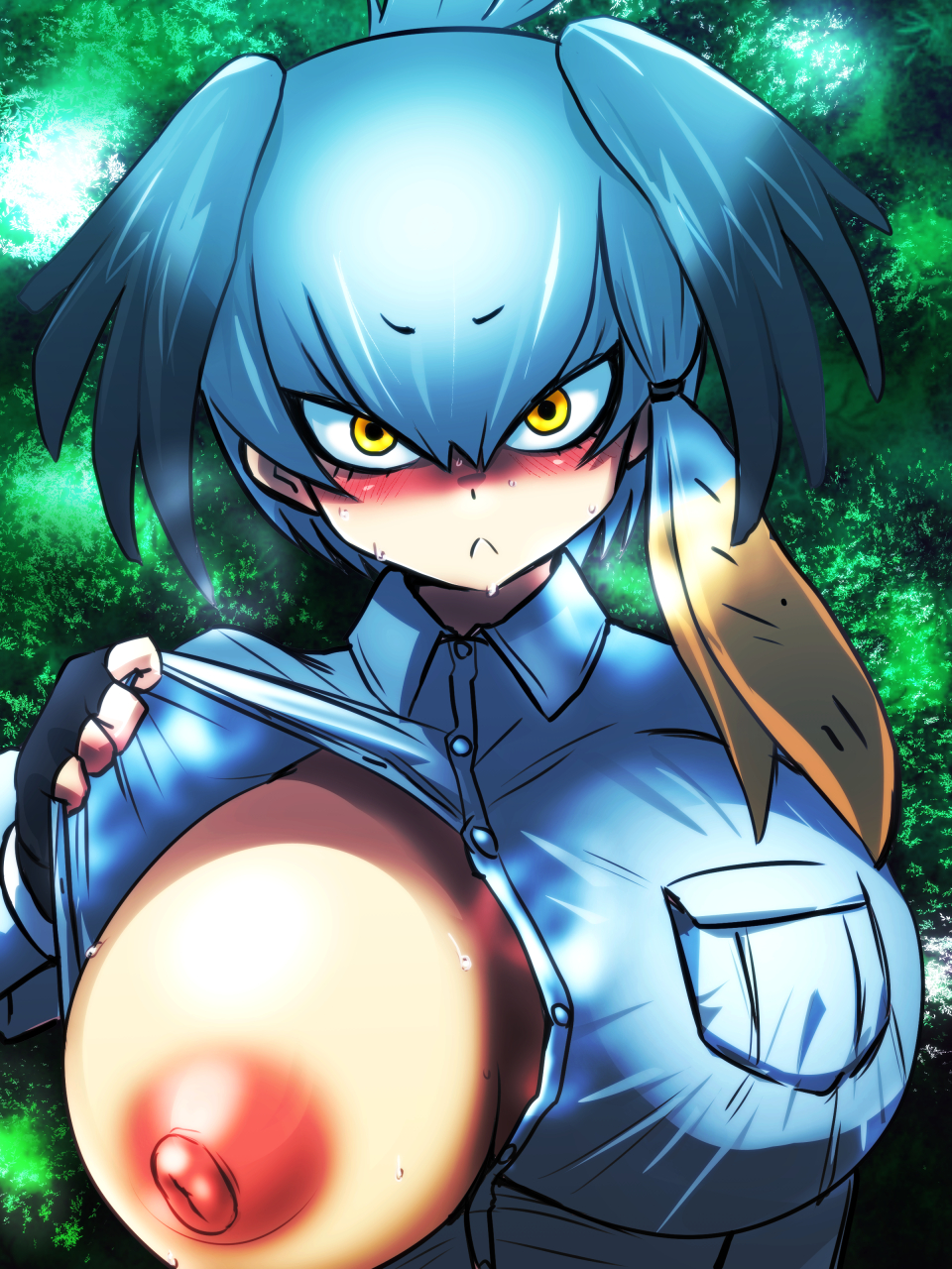 1girl :c alternate_breast_size asymmetrical_hair black_hair blush breast_pocket breasts buttons closed_mouth collared_shirt commentary_request dripping ekakiuo flashing grey_hair grey_shirt hair_between_eyes head_tilt highres huge_breasts impossible_clothes impossible_shirt kemono_friends long_hair long_sleeves looking_at_viewer multicolored_hair nipples no_bra nose_blush one_breast_out open_clothes open_shirt orange_eyes orange_hair partially_unbuttoned pocket shirt shoebill_(kemono_friends) sidelocks solo sweat upper_body wing_collar