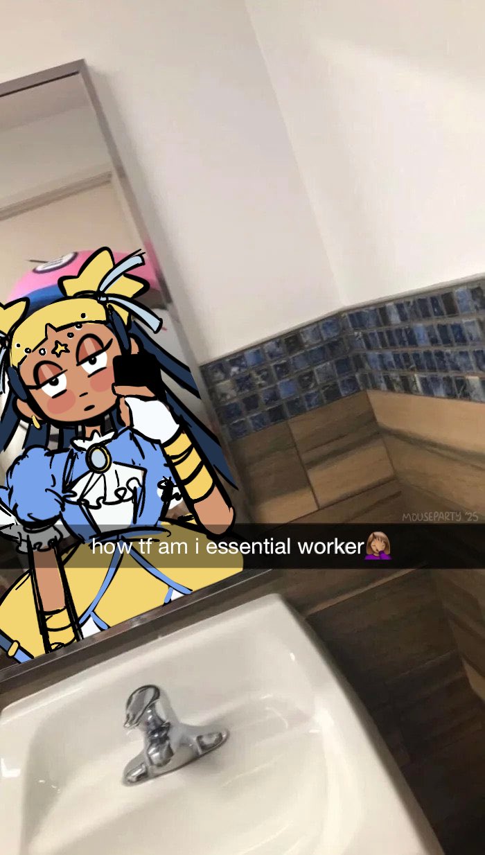 1girl aika_(kiana_mai) black_hair blonde_hair dress highres holding holding_phone i_don&#039;t_want_to_be_a_magical_girl long_hair meme mirror mousepartyart phone snapchat solo
