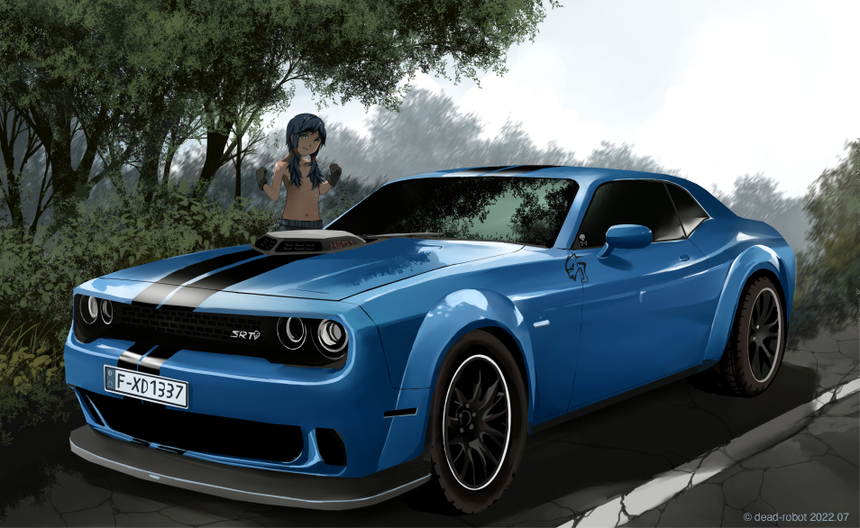 1girl black_hair car closed_mouth commentary day dead-robot dodge_(company) dodge_challenger dodge_challenger_(3rd_generation) english_commentary gloves hair_over_breasts mixed-language_commentary motor_vehicle navel original outdoors sky smile solo sports_car topless_female tree twintails vehicle_focus