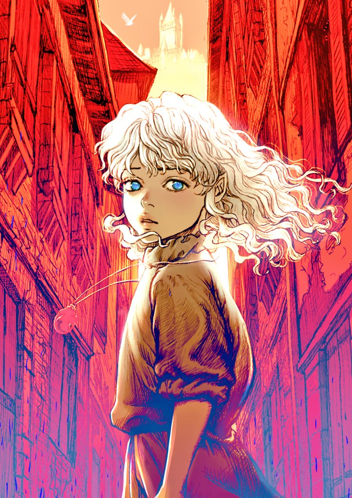 1boy aged_down alley behelit berserk bird building castle child from_behind griffith_(berserk) hashtag-only_commentary jewelry long_hair looking_at_viewer looking_back male_focus nisino2222 outdoors parted_lips pendant pointy_ears puffy_short_sleeves puffy_sleeves short_sleeves solo upper_body wavy_hair white_hair