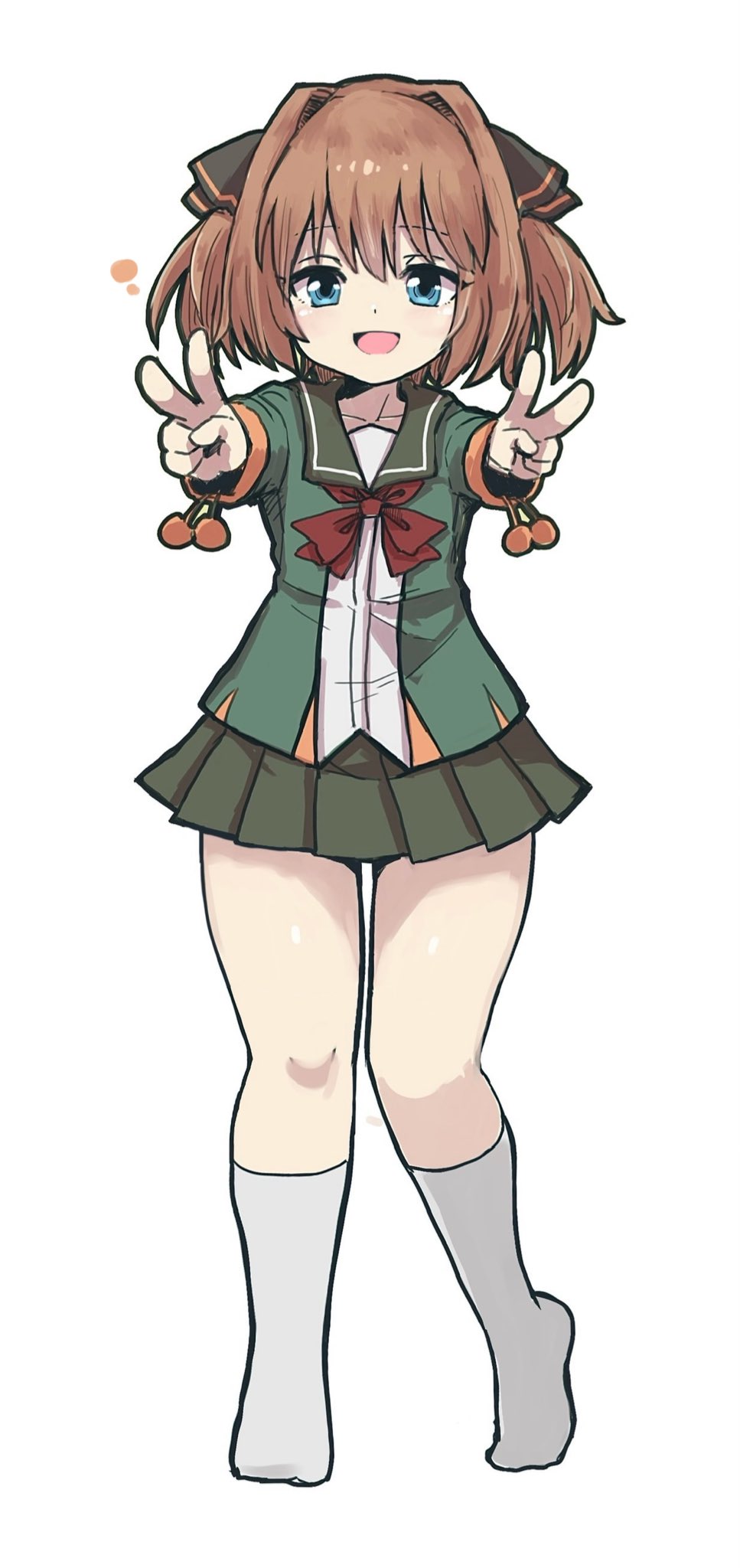 1girl black_ribbon blue_eyes double_v green_jacket green_sailor_collar green_skirt hachijou_(kancolle) hair_ribbon highres jacket kantai_collection looking_at_viewer neck_ribbon no_shoes open_mouth orange_hair red_ribbon ribbon sailor_collar school_uniform serafuku simple_background skirt smile socks thick_thighs thighs unagiman v white_background
