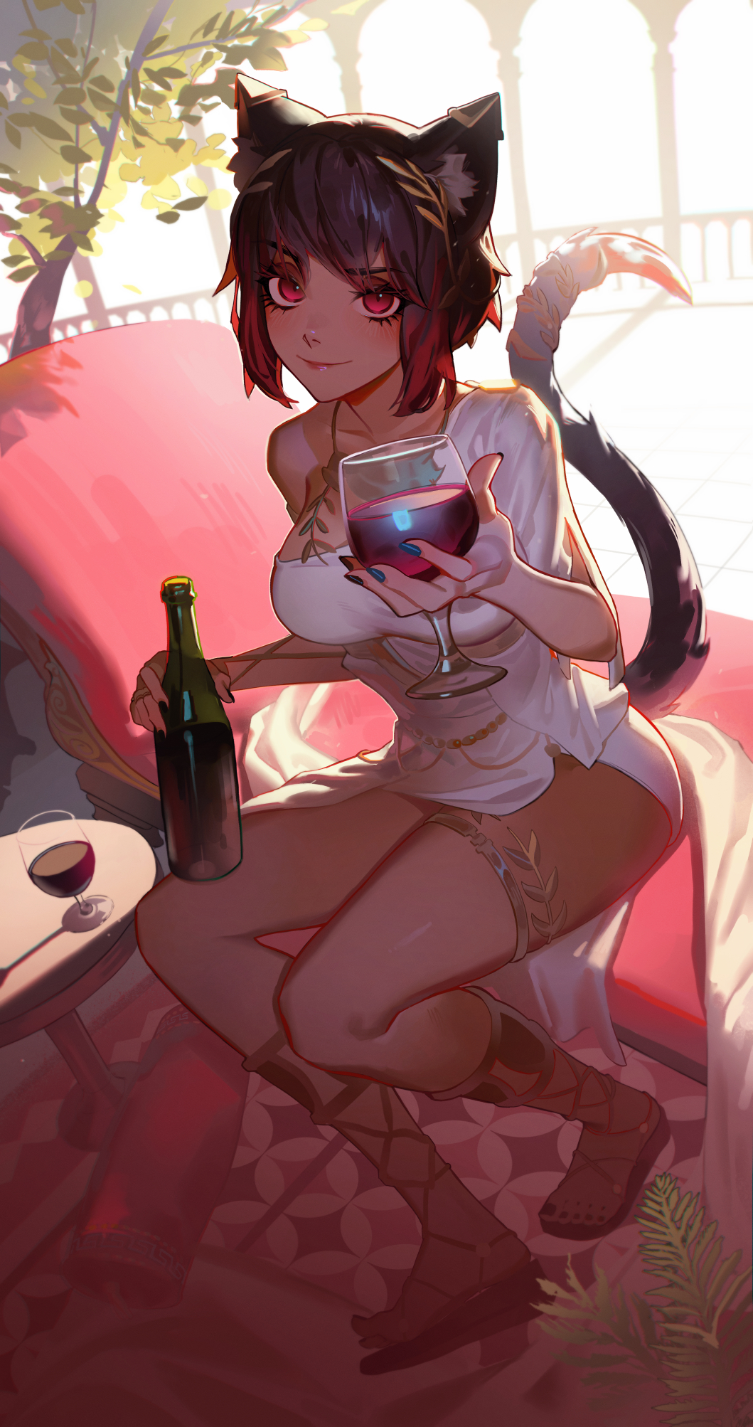 1girl alcohol animal_ear_fluff animal_ears black_hair blue_nails bottle breasts cat_ears cat_girl cat_tail closed_mouth commentary commission cup dark-skinned_female dark_skin day dethmaid drinking_glass english_commentary feet final_fantasy final_fantasy_xiv fingernails gladiator_sandals greco-roman_clothes highres holding holding_bottle holding_cup incoming_drink indoors large_breasts laurel_crown long_fingernails looking_at_viewer miqo&#039;te nail_polish red_eyes red_wine sandals short_hair sitting smile solo sunlight table tail tail_raised thigh_strap toenail_polish toenails toes tree warrior_of_light_(ff14) wine wine_bottle wine_glass