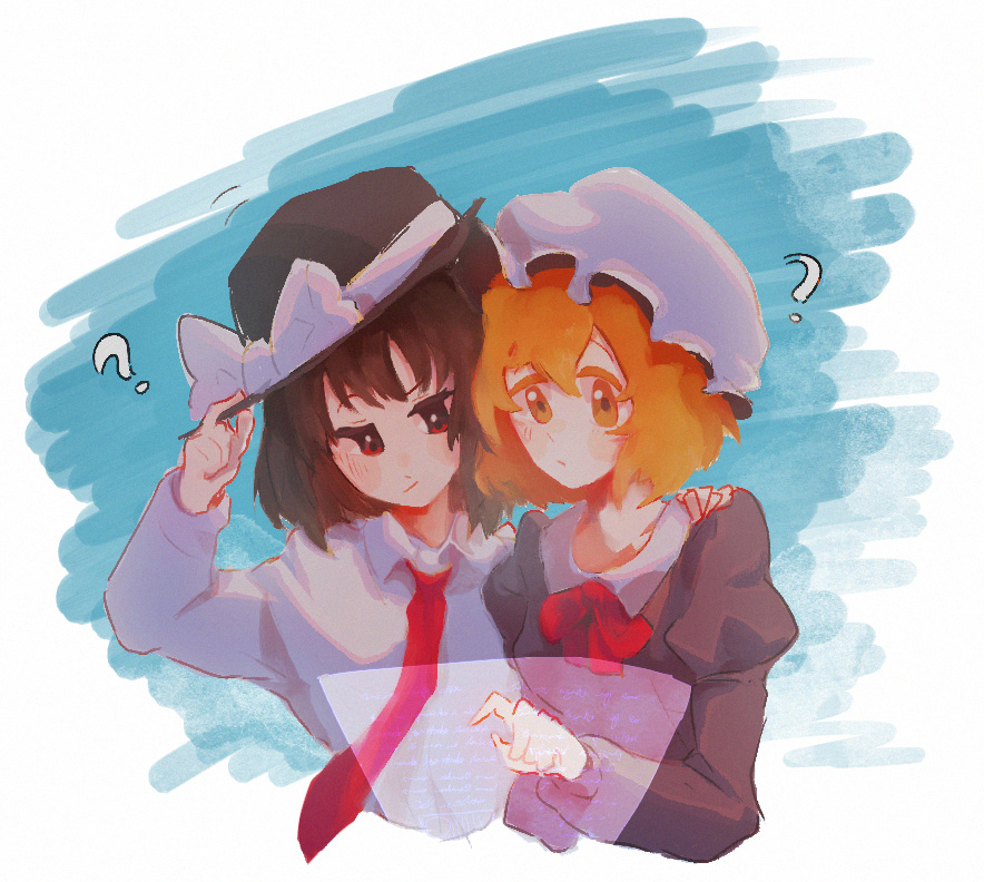 2girls ? black_headwear blonde_hair blue_background bow bowtie breasts brown_hair collared_shirt dress hand_on_another&#039;s_shoulder hat hat_bow hat_ribbon holographic_touchscreen juliet_sleeves long_sleeves looking_at_screen maribel_hearn medium_hair minamia23 mob_cap multiple_girls necktie puffy_sleeves red_bow red_bowtie red_eyes red_necktie ribbon shirt simple_background small_breasts touhou upper_body usami_renko white_background white_bow white_headwear white_ribbon white_shirt yellow_eyes