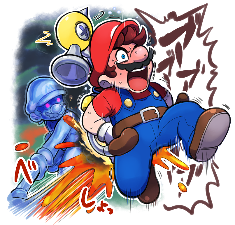 2boys blue_eyes brown_hair clone f.l.u.d.d. facial_hair gloves hat hoshi_(star-name2000) mario mario_(series) multiple_boys mustache nintendo open_mouth paint paintbrush red_eyes shadow_mario super_mario_sunshine translation_request