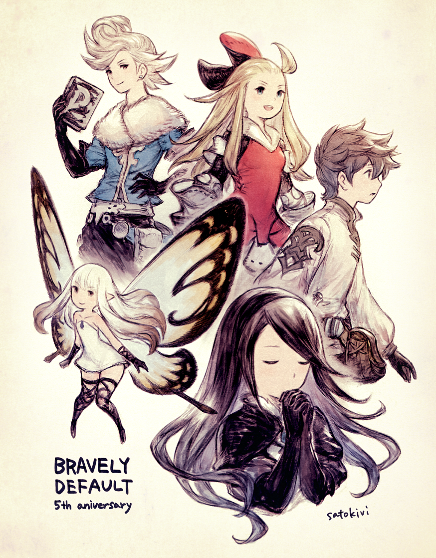2boys 3girls agnes_oblige ahoge airy_(bravely_default) anniversary armor armored_dress belt_pouch black_gloves black_hair blonde_hair blue_eyes book bow bravely_default:_flying_fairy bravely_default_(series) brown_hair butterfly_wings closed_eyes dress edea_lee elbow_gloves fairy fairy_wings fur_trim gloves hair_bow hairband holding holding_book insect_wings long_hair mini_person minigirl multiple_boys multiple_girls official_style own_hands_together parody pointy_ears pompadour pouch praying ringabel satou_kivi short_dress short_hair simple_background smile strapless strapless_dress style_parody tiz_arrior white_dress white_hair wings