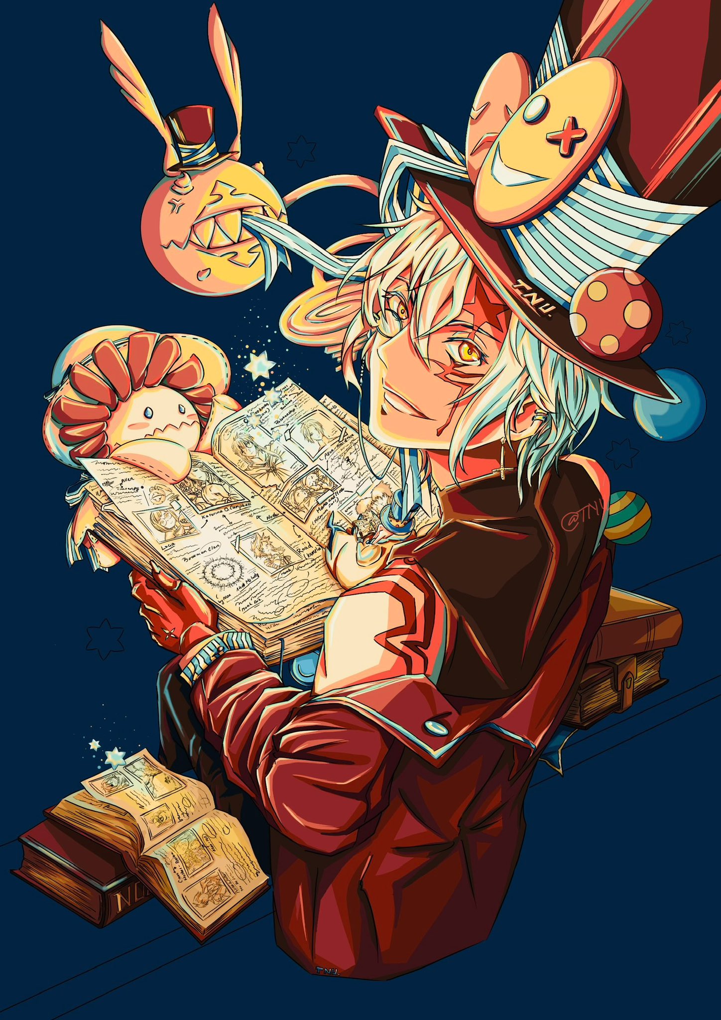 1other 2boys allen_walker ayoshide05 ball bare_shoulders blue_background blue_hat blue_ribbon blue_shirt body_markings book brown_hat brown_pants brown_shirt coat coat_partially_removed colored_extremities creature cross cross_earrings d.gray-man doll ear_piercing earrings facial_mark facing_away golem_(d.gray-man) grin hair_between_eyes hat hat_ornament hat_ribbon highres holding holding_book jewelry large_hat lavi looking_at_another looking_at_viewer looking_back lucia_(d.gray-man) male_focus mana_walker millennium_earl mini_person monocle multiple_boys nea_d_campbell open_book pants parted_lips past_lavi_(d.gray-man) picture_book piercing possessed red_coat ribbon road_kamelot scar scar_on_face sharp_teeth shirt short_hair shoulder_tattoo sidelocks signature sitting sleeveless sleeveless_shirt smile sparkle star_(symbol) star_facial_mark striped_clothes striped_ribbon striped_shirt stuffed_toy tail tattoo teeth timcanpy white_hair white_stripes wings yellow_coat yellow_eyes yellow_stripes