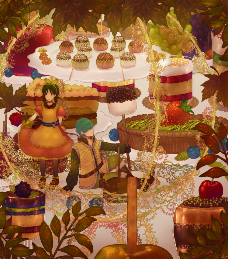 1boy 1girl bad_id bad_twitter_id bow cake cupcake fire_emblem fire_emblem:_the_blazing_blade food hair_between_eyes hair_bow lijupy lowen_(fire_emblem) nintendo pastry rebecca_(fire_emblem)