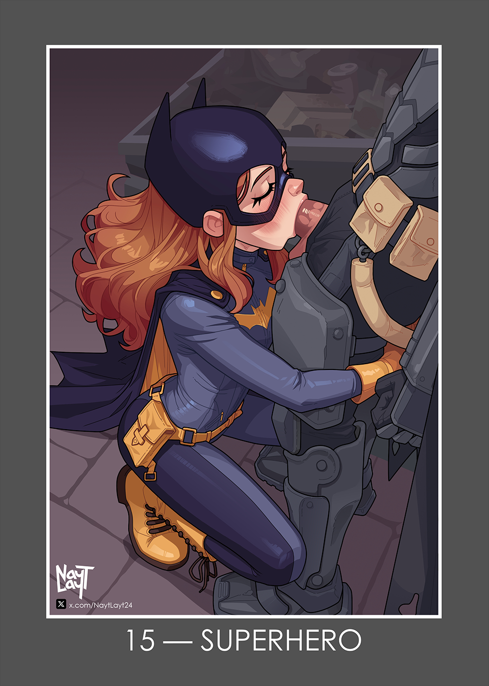 1boy 1girl artist_name barbara_gordon batgirl batgirl_costume_(2014) batman batman_(series) belt black_bodysuit bodysuit breasts brown_hair cape commentary dc_comics english_commentary english_text fellatio gloves hetero highres long_hair mask medium_breasts nayt_layt oral penis squatting superhero_costume twitter_username twitter_x_logo utility_belt watermark web_address yellow_gloves