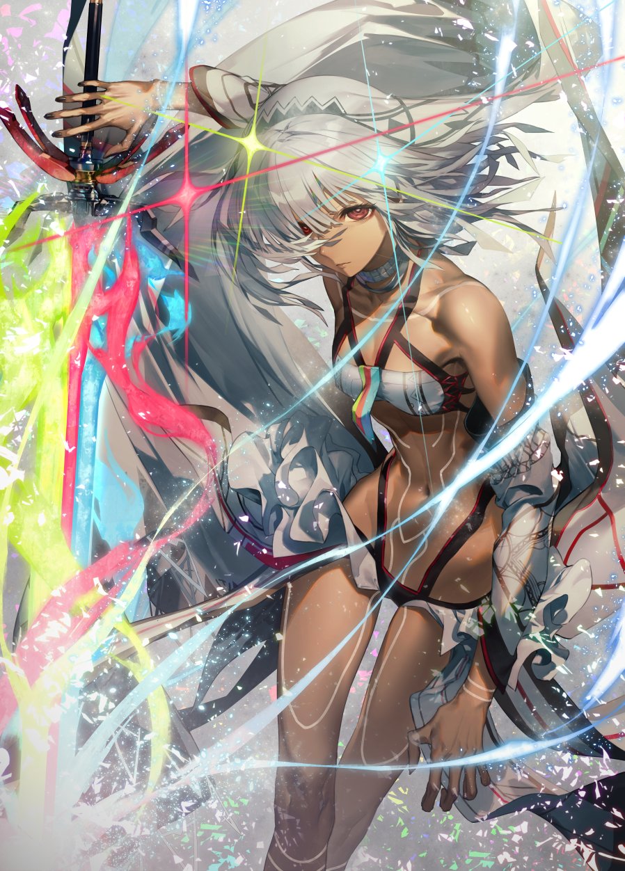 1girl altera_(fate) bare_shoulders black_nails breasts dark-skinned_female dark_skin detached_sleeves fate/grand_order fate_(series) fighting_stance full-body_tattoo highres holding holding_weapon kodama_(wa-ka-me) looking_at_viewer navel photon_ray_(fate) red_eyes revealing_clothes short_hair small_breasts solo tattoo weapon white_hair