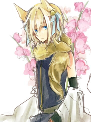 1boy animal animal_around_neck animal_ears bell black_gloves blonde_hair blue_bow blue_eyes blue_shirt bow closed_mouth commentary_request detached_sleeves elbow_gloves expressionless flower fox fox_boy fox_ears gloves hair_bell hair_bow hair_ornament jingle_bell looking_at_viewer lowres male_focus pink_flower professor_(ragnarok_online) ragnarok_online shirt short_hair sleeveless sleeveless_shirt solo upper_body wane_(ruki) white_background white_sleeves
