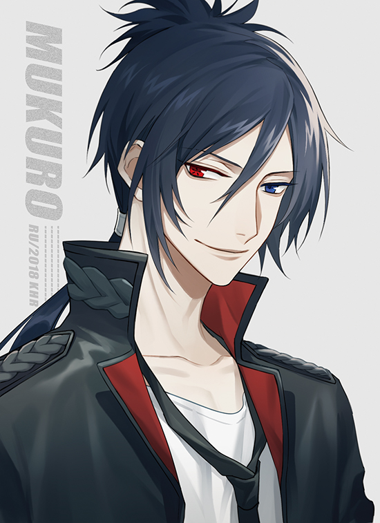 1boy black_necktie blue_eyes blue_hair character_name closed_mouth collarbone epaulettes grey_background heterochromia high_collar katekyo_hitman_reborn! looking_at_viewer low_ponytail male_focus necktie ponytail red_eyes rokudou_mukuro ru_(famia) shirt simple_background smile solo upper_body white_shirt