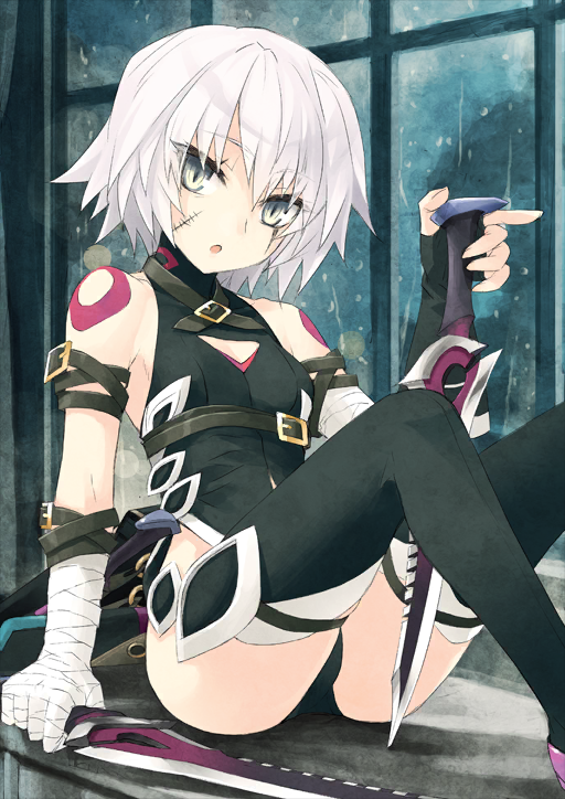 1girl :o arm_belt bandaged_arm bandaged_hand bandages bare_shoulders belt belt_buckle belt_collar black_gloves black_panties black_shirt black_thighhighs boots breasts brown_belt buckle chest_belt cleavage_cutout clothing_cutout collar dagger dual_wielding facial_scar fate/grand_order fate_(series) feet_out_of_frame fingerless_gloves gloves green_eyes hair_between_eyes halterneck hand_up high_collar holding holding_dagger holding_knife holding_weapon jack_the_ripper_(fate/apocrypha) knees_up knife konoe_ototsugu looking_at_viewer maria_the_ripper multiple_scars official_art open_mouth panties reverse_grip scar scar_across_eye scar_on_cheek scar_on_face shirt short_hair shoulder_tattoo single_glove sitting small_breasts solo stitches tattoo thigh_boots thighhighs third-party_source underbust underwear weapon white_hair window